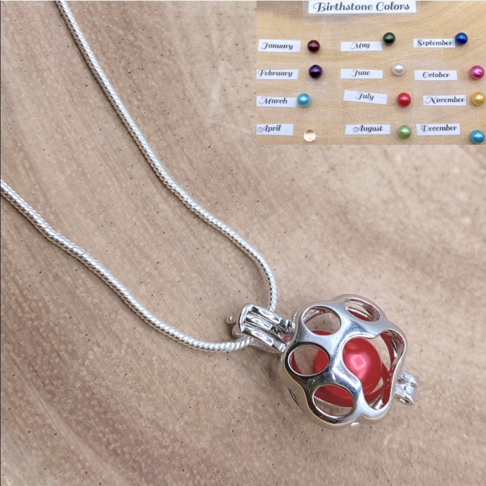 Sterling Silver Dog Paw Pearl Cage Necklace, Pick Your Birthstone Color